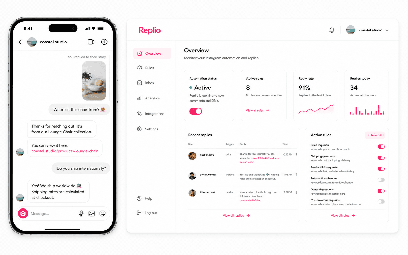 Replio product preview showing an Instagram conversation and dashboard